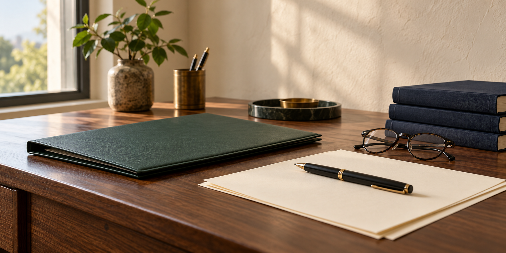 Illustrative legal workspace with a green file, pen and books on a wooden desk